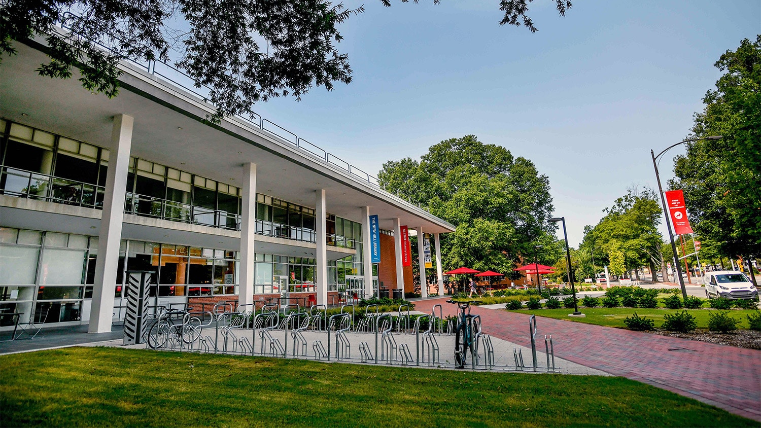 The front exterior of Hill Library